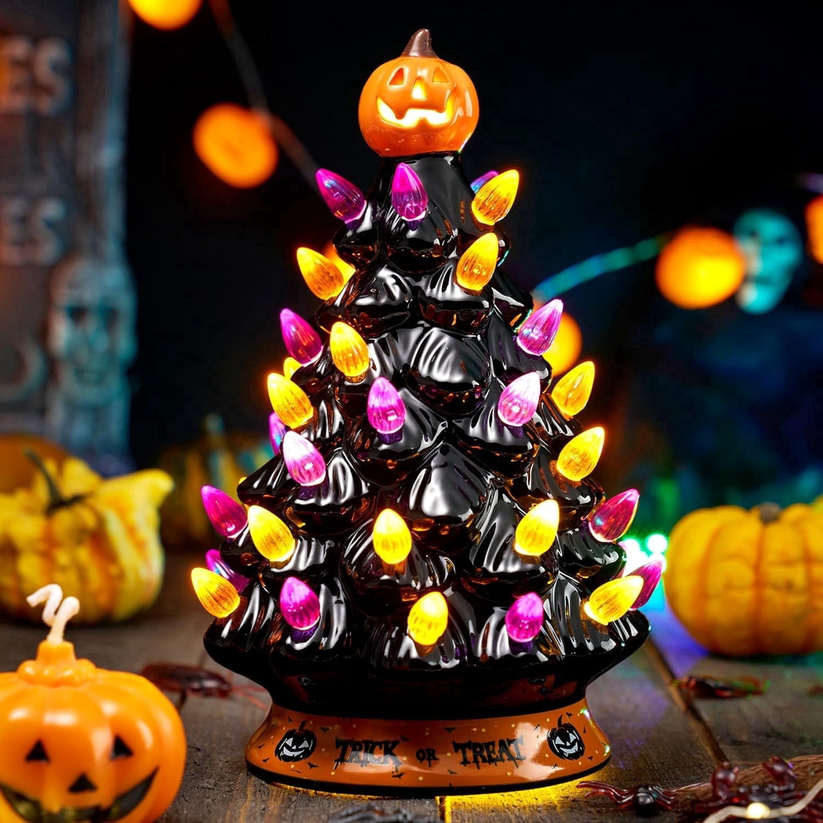 Joyfy 8.5 inch Halloween Decorations Ceramic Gnome Tree Decorations with Build-in LEDs,Light Up Pumpkin Table Decor Bedroom Indoor Centerpieces for Tables