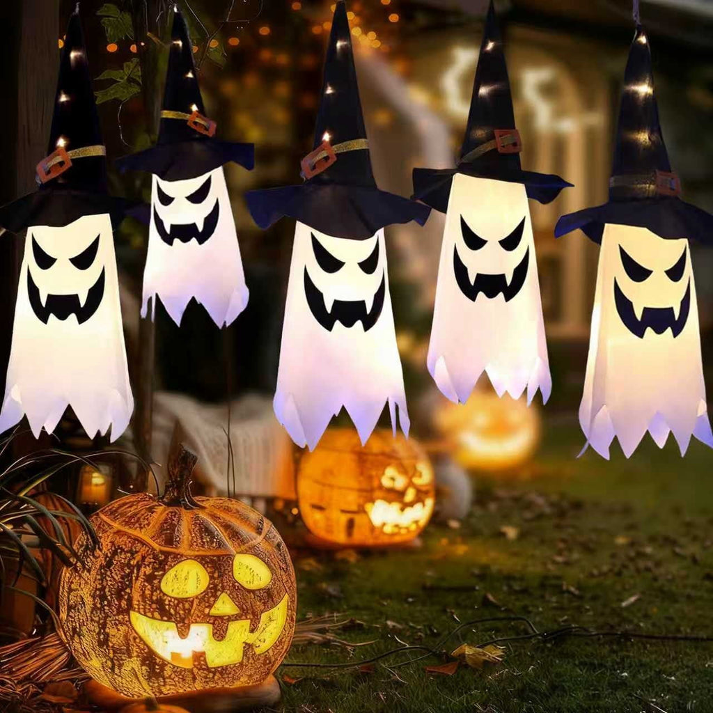 PMMIPNW Halloween Decorations Outdoor, Hanging Lighted Glowing Ghost Witch Hat 5PCS, Halloween Light for Halloween Party Yard Tree Garden