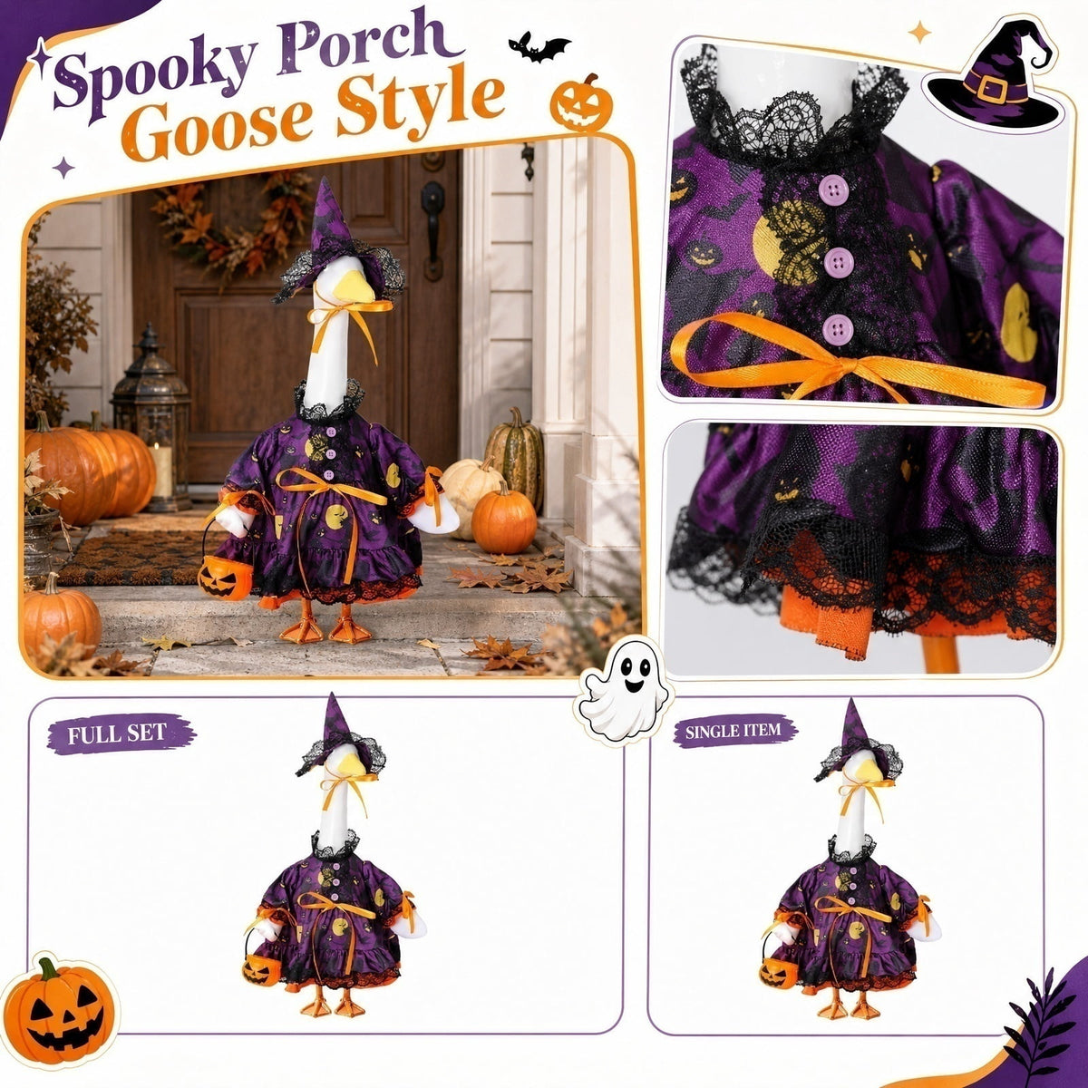 Halloween Garden Porch Decor, Porch Goose Outfits Halloween, 23 Inch Porch Goose Outfits, Witch Dress and Hat Set, Fits 23X11X26 Inch Standing Plush Goose for Front Porch Lawn