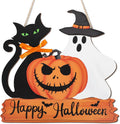 Lethargic Happy Halloween Door Sign Wooden Ghost Pumpkin Black Cat Door Wreath Halloween Hanging Decorations for Porch Wall Supplies, 11.8 x 0.2 in