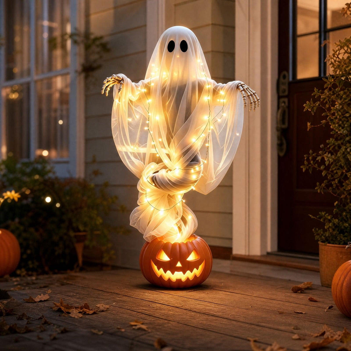 Luckky Swirling Ghost Pumpkin Yard Lamp,Lighted Spooky Ghost Statue with Warm Light,Waterproof Outdoor Ornament for Porch,Pathway,Lawn & Garden,Fall Autumn Halloween Party Decor