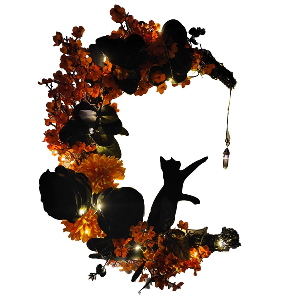 Moon Cat Wreath With Flowers And Charming Door Decoration Halloween Moon Cat Home Decor Gift Halloween Party Decorations For Cat Lovers With Lights Halloween Decorations