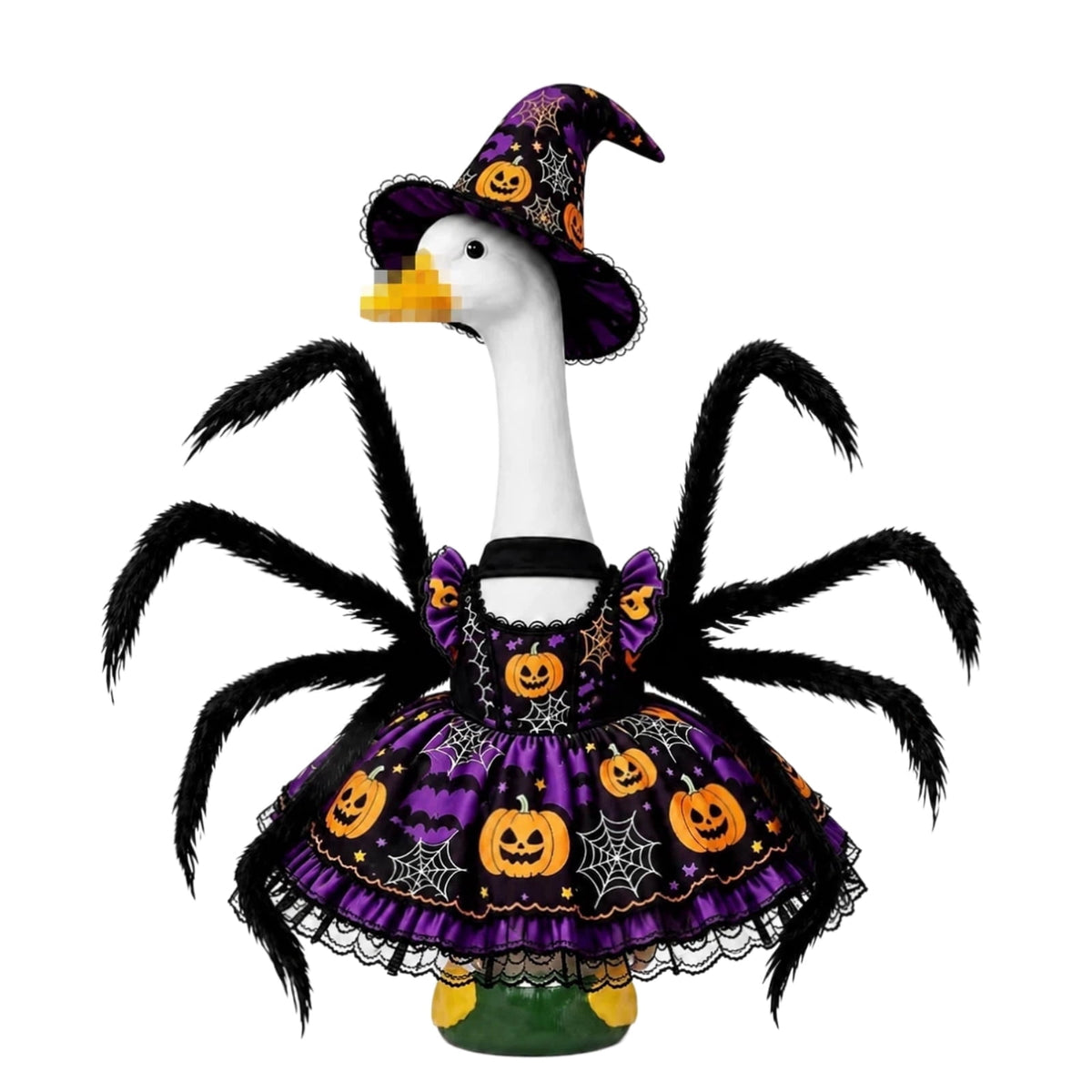 Porch Goose Halloween Outfit for 23 Inch Goose Statue, Witch Hat Dress with Fuzzy Spider Legs, Pumpkin Spiderweb Goose Clothes, Funny Yard Lawn Patio Decor