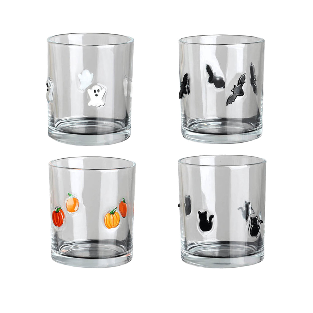 Qocolcyl Halloween Icon Glass Cups- 350ml Pumpkin Black Cat Bat Ghost Stemless Wine Glasses Old Fashioned Icon Hand Blown Drinking Cups for Party Supplies&Gift