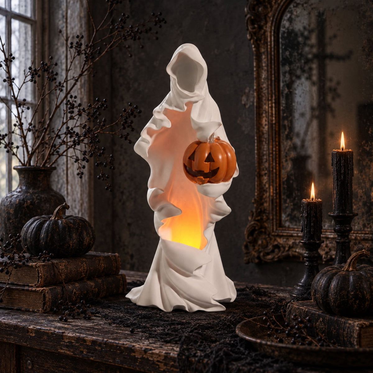 RAZ Imports 20" Ghost Phantom with Pumpkin Light-Up LED Halloween Decoration Statue, Battery-Operated
