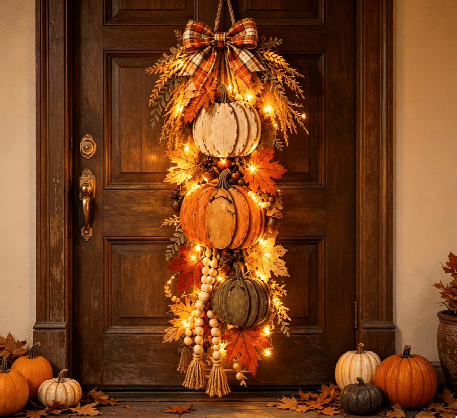 Rustic Wooden Pumpkin Door Hanging with Warm LED Lights, Ready-to-Hang Farmhouse Accent, Cozy Harvest Decor for Entryway & Living Room