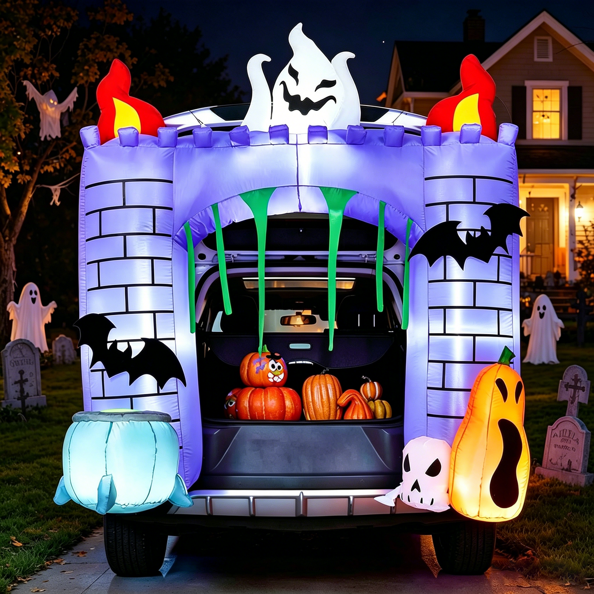 Joyfy 5 FT Halloween Inflatable Ghost Decoration with Colorful LEDs,Trunk or Treat Car Decorations Kit Ghost Trio with Built-in LED Light for Halloween Party Indoor,Outdoor,Yard,Garden Decor