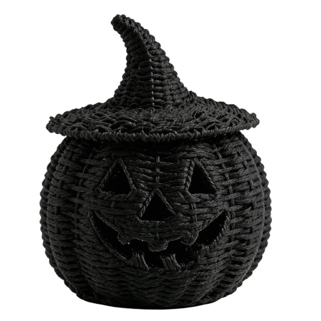 Sahpxhe Black Woven Pumpkin Basket with Lid Handmade Wicker Pumpkin Candy Baskets for Halloween Tabletop Mantel Candy Storage Decorations