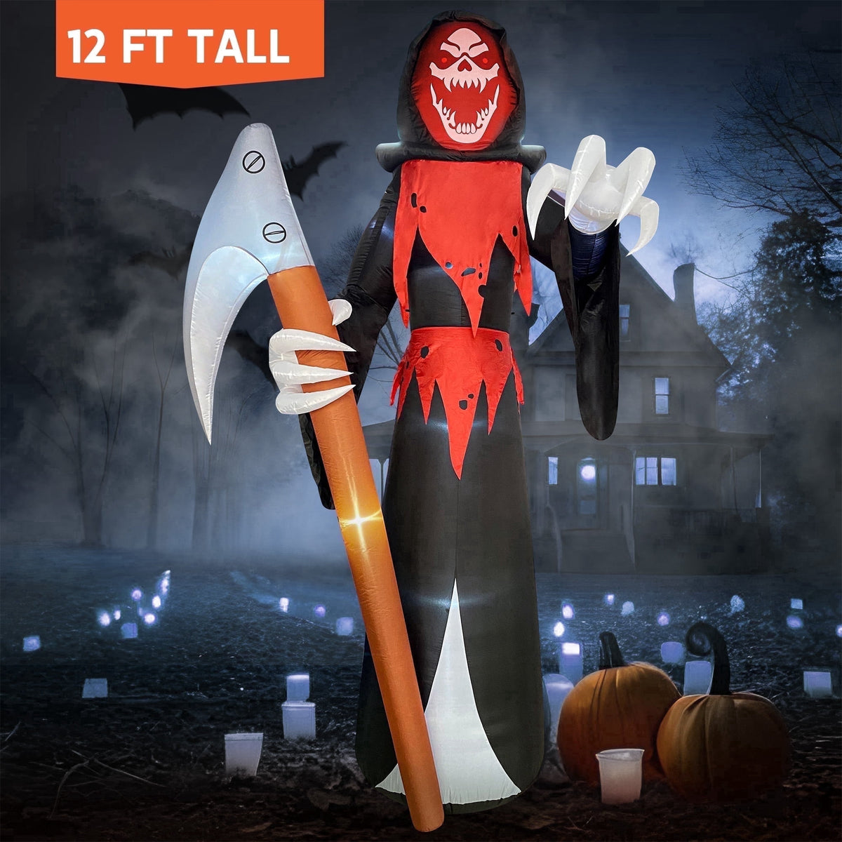 Joyfy 12 ft Giant Halloween Inflatable Pumpkin Ghost Vampire with Skull Decoration with Built-in LEDs,Ghost Halloween Decorations Outdoor Blow Up Yard Lawn Decoration