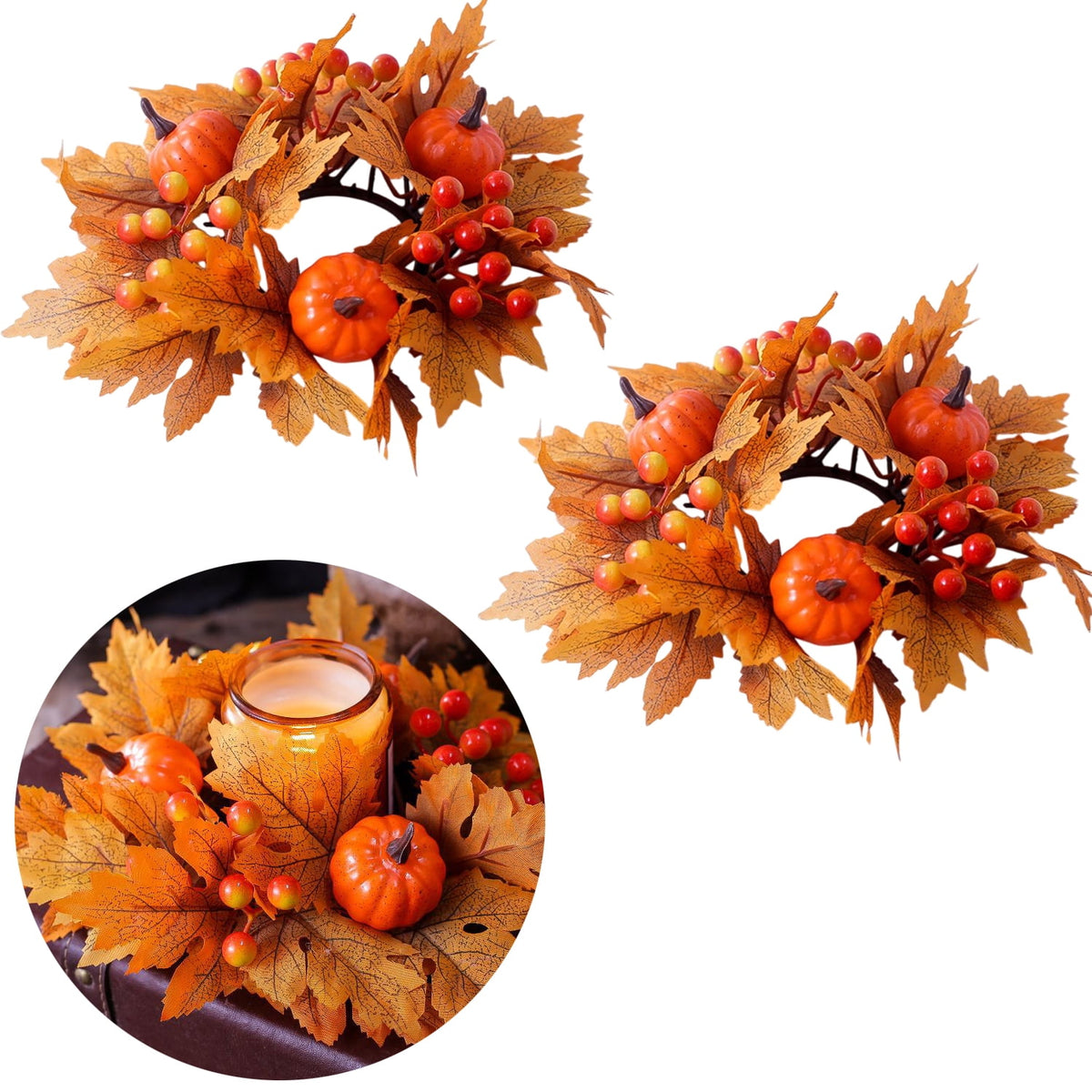 TETOU 2Pcs Halloween Candle Rings Wreath for Pillar Candle Holder, Maple Leaf Black Rose Small Wreaths for Fall Thanksgiving Home Table Centerpieces, Cabinet Decorations - Black