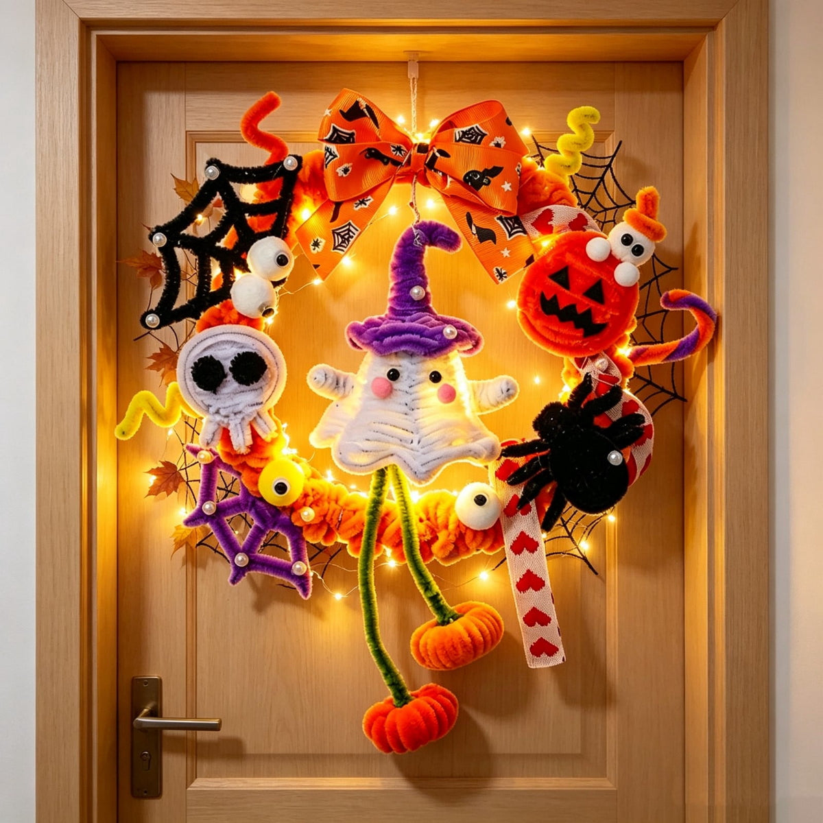 WWC Halloween Wreath, Orange LED Pumpkin and Bats Wreath, Gothic Halloween Decorations Wreath for Front Door, Indoor Outdoor Party Decor