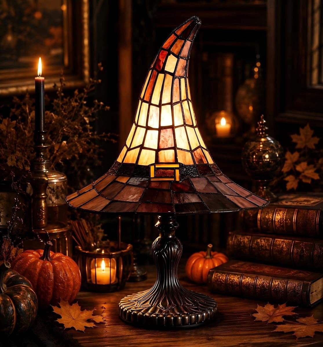 Halloween Pumpkin Night Light With Witch Hat Acrylic LED Tabletop Ornament, Spooky Glowing Figurine for Home Party Bedroom Holiday Decoration