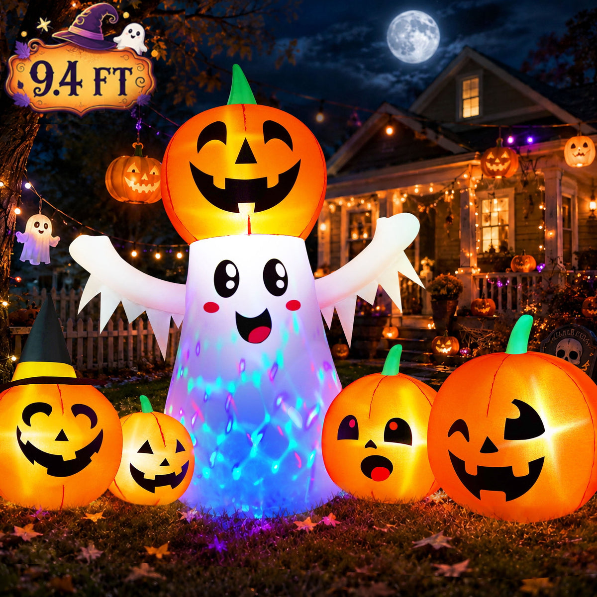 Yexmas 8FT Halloween Inflatable Decoration with Ghost, Black Cat and Pumpkins,Built-in LED Lights, Blow Up Halloween Yard Decor for Indoor/Outdoor Party,Yard, Lawn