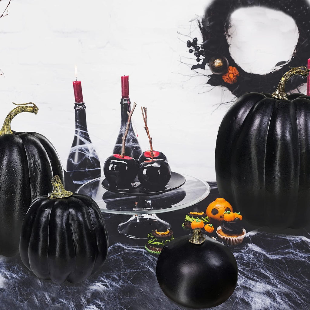 PPKVUFD 7Pcs Artificial Pumpkins Bulk Faux Harvest for Fall Wedding Centerpiece Black, Artificial Plastic Pumpkins Perfect for Halloween Decor Thanksgiving Table Decor