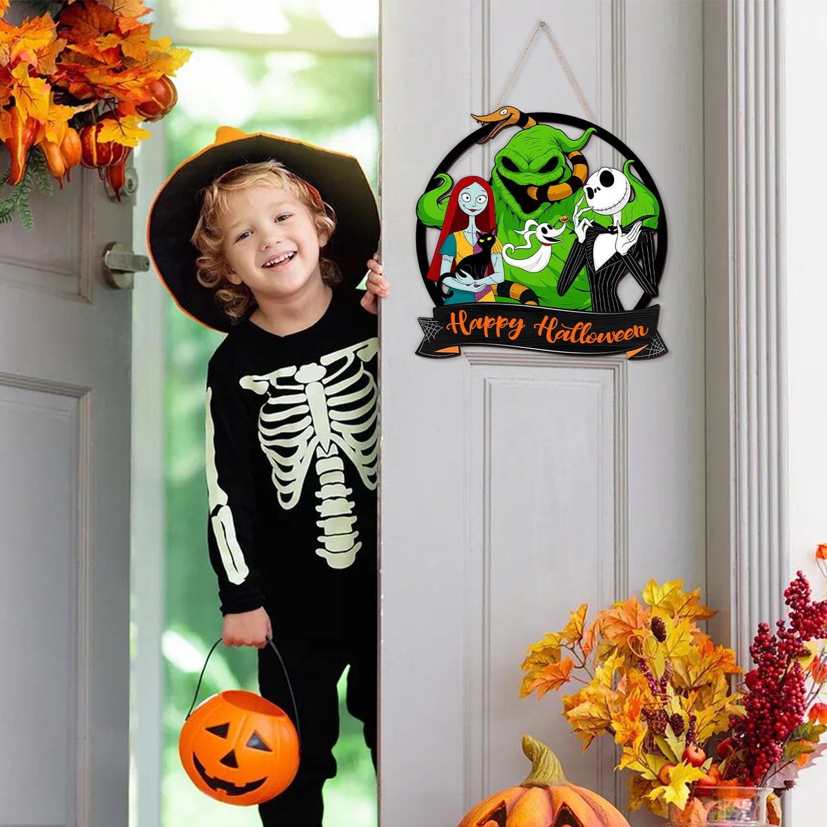 YIBAGA Halloween Door Hanging Sign Wreath Decorations, Happy Halloween Ghost Cat Snake Wooden Hanger Home Decor Party Supplies