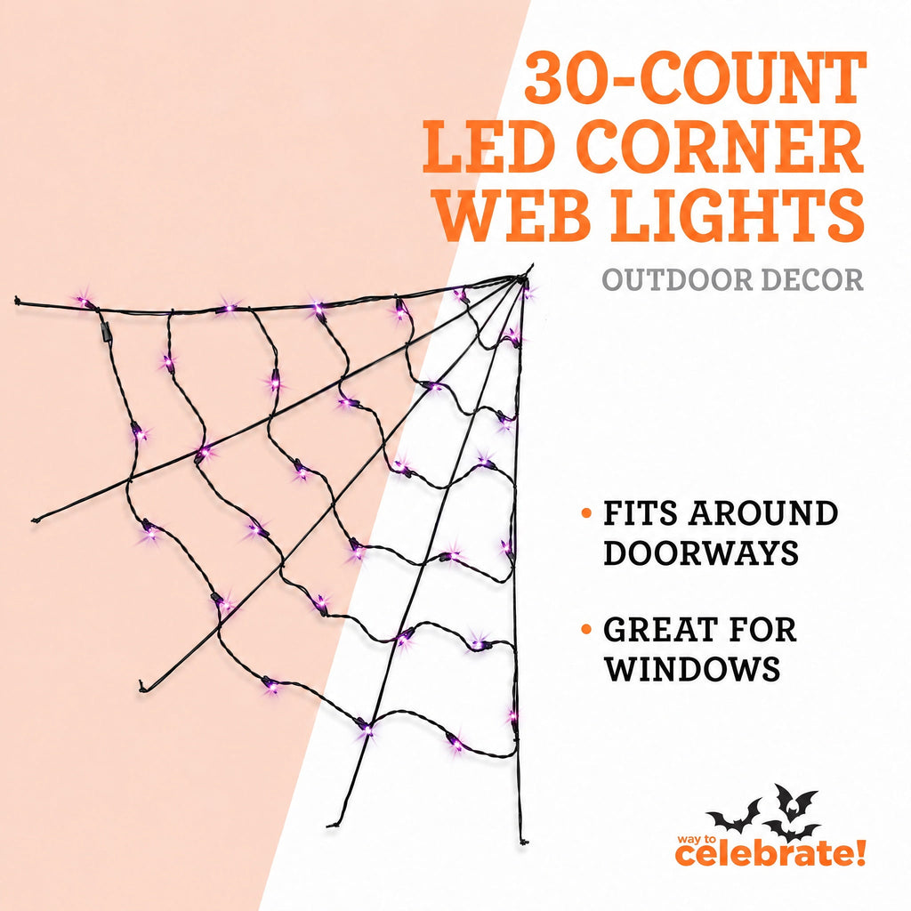 Indoor/Outdoor 30-Count LED Corner Web Lights, Purple, 30" x 30", Halloween by Way To Celebrate
