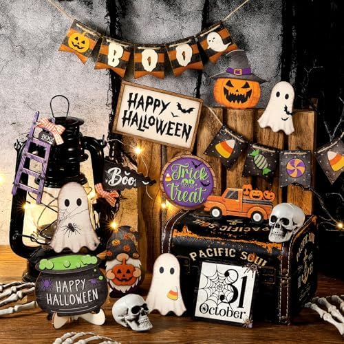 MiniInflat Halloween Tiered Tray Decorations Set, Wood, Pumpkin, Colorful