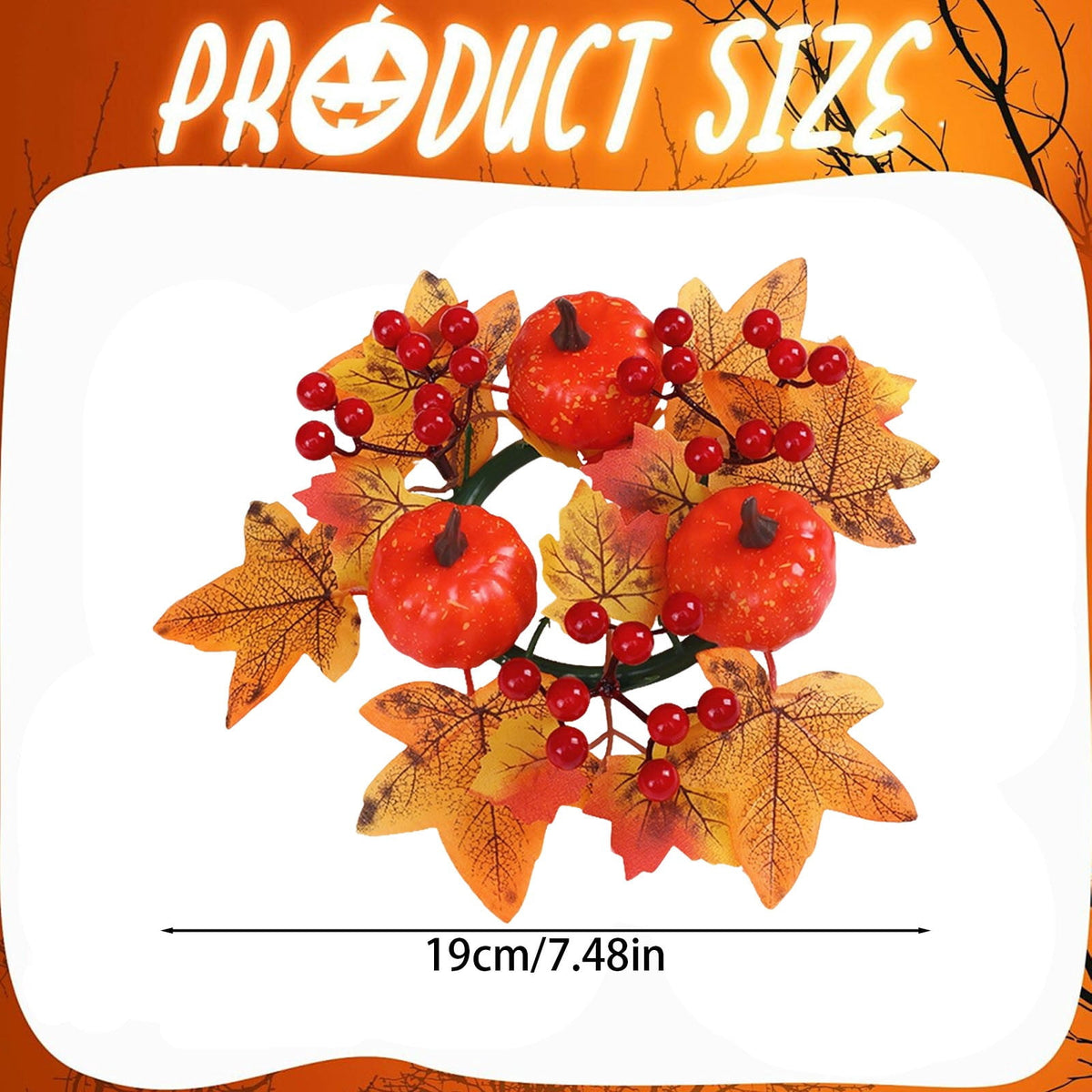 Fall Candle Ring,Artificial Maple Leaves Pumpkins Decorative Wreaths,Berry Wreath for Pillar Candle Holder,Candle Ring for Halloween Centerpieces and Farmhouse Table Decor,7.48 inch(Pink)