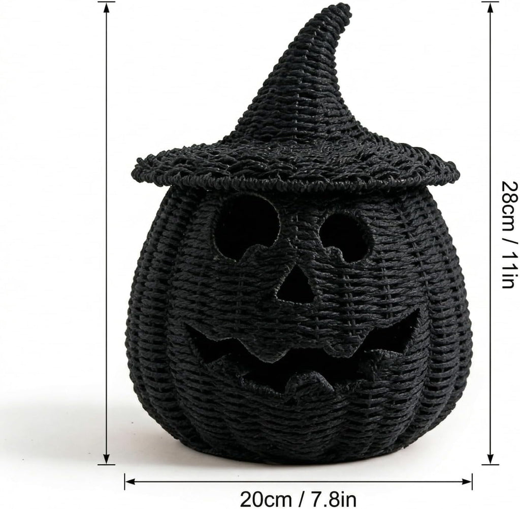 Halloween Woven Seagrass Pumpkin for Spooky Halloween Candy Storage and Home Decor, Black Handcrafted Witch Hat Woven Seagrass Lantern for LED Candy（B）