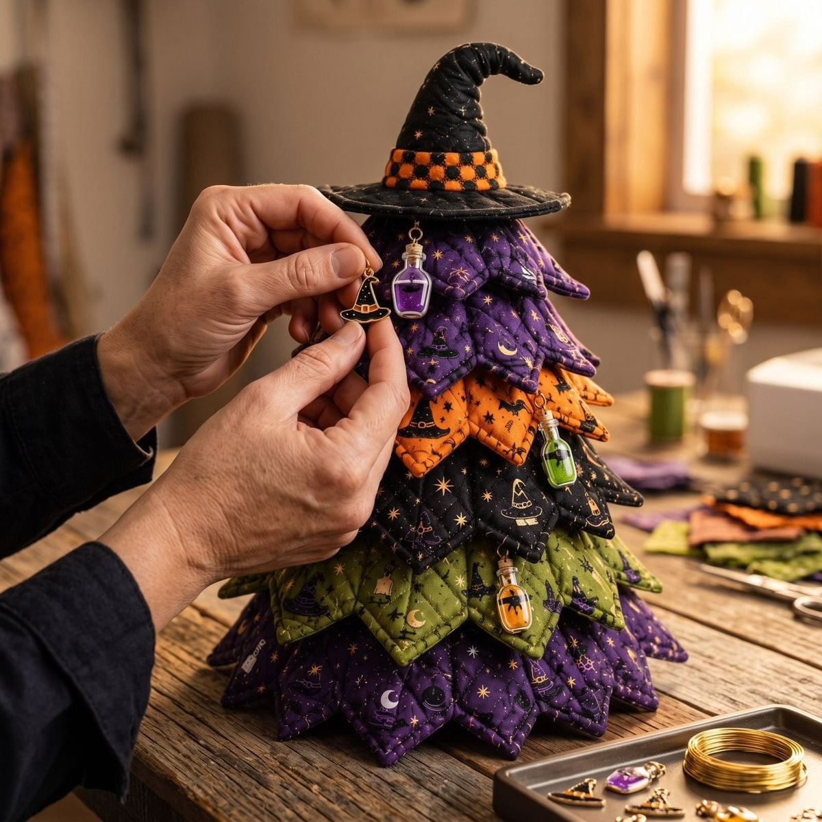 Lypsnake DIY Halloween Quilted Fabric Tree Kit, Vintage Pumpkin Sunflower Patchwork, 3D Padded Sewing Craft Project for Autumn Harvest Decor