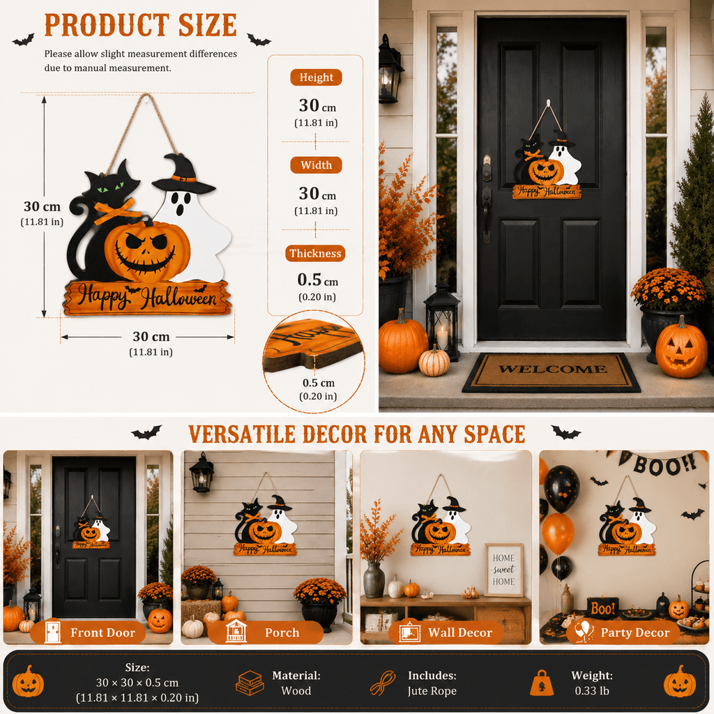 Lethargic Happy Halloween Door Sign Wooden Ghost Pumpkin Black Cat Door Wreath Halloween Hanging Decorations for Porch Wall Supplies, 11.8 x 0.2 in