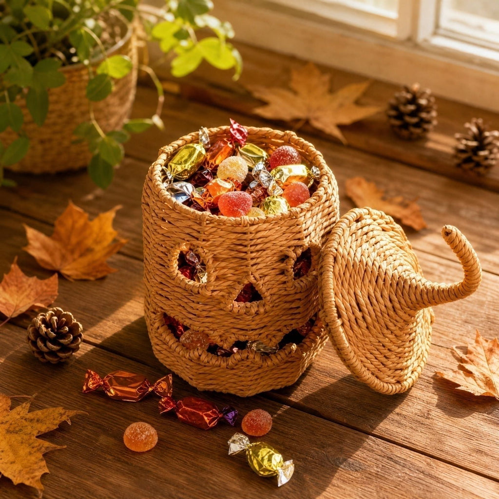 Aximioll Halloween Black Woven Jack-O-Lantern Pumpkin Decor, Hand Woven Rattan Wicker Style Statue, Trick or Treat Candy Bowl Lantern for Porch Entryway Fireplace Mantel Table, Black, 11 Inches