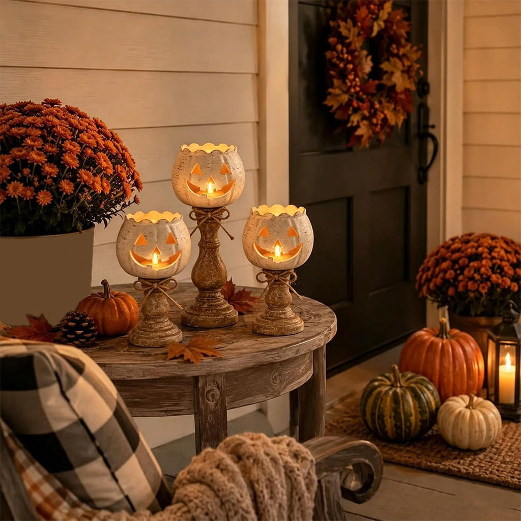Halloween Lamp Indoor Tabletop Decorations, LED Lighted Wooden Pumpkin with Vintage Pedestal Stand and Rope Bow, 8.7 Inch Rustic Halloween Decor for Home Mantel Entryway