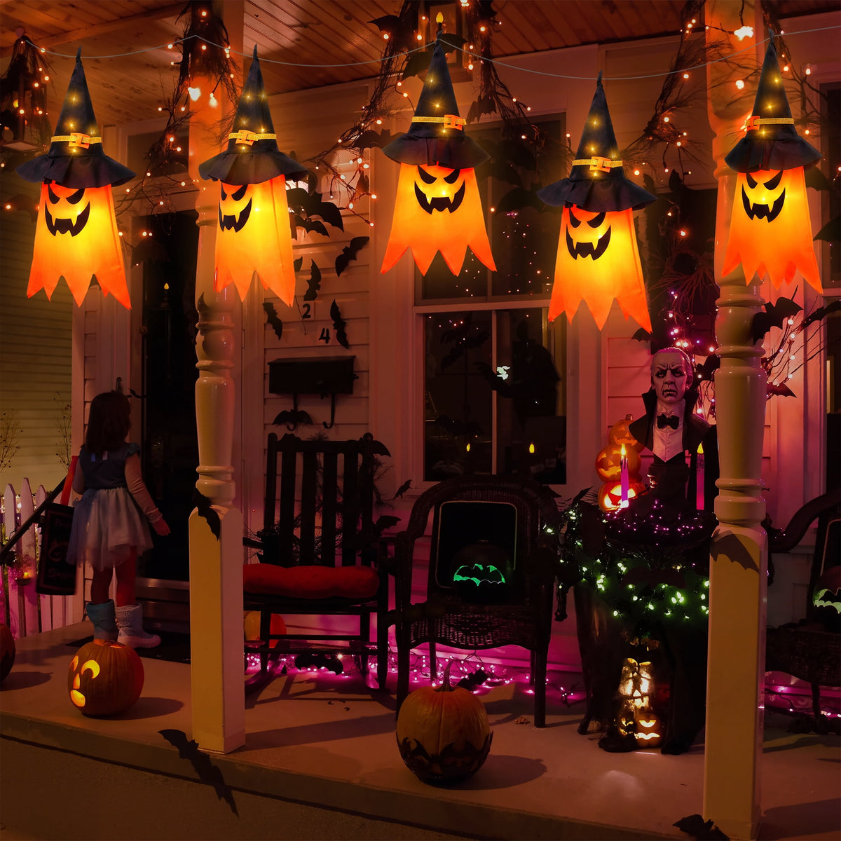 Scidweet Halloween Decorations Indoor Outdoor, 5 Pcs Halloween Lights Glowing Ghost Witch Hat Ornaments Gifts for Home Garden Yard