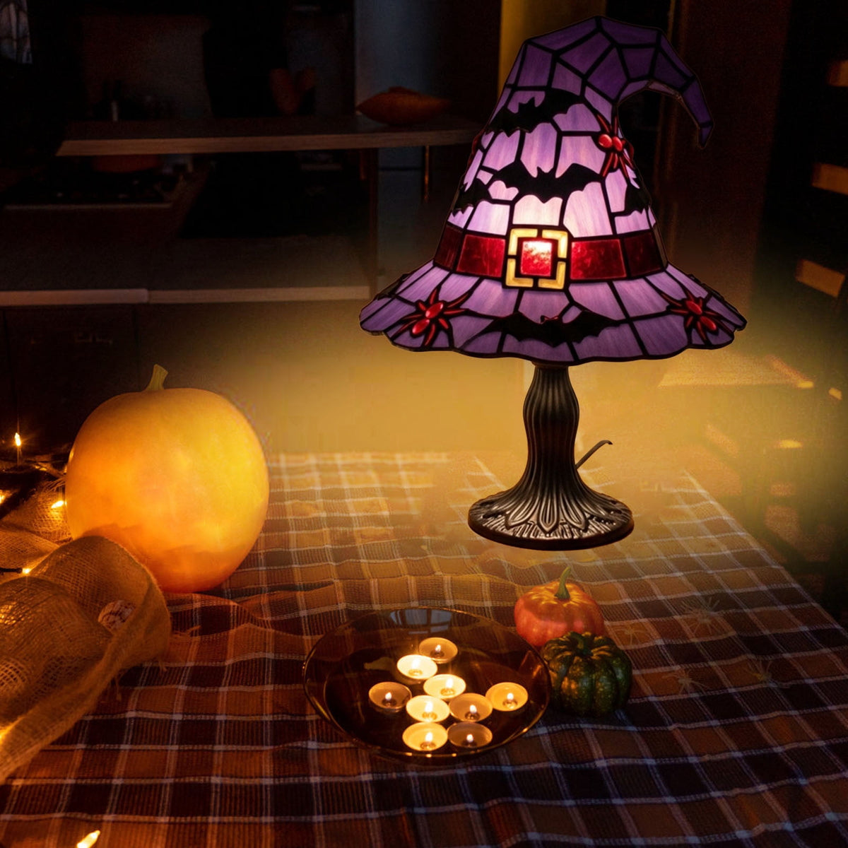 Stained Glass Witch Hat Lamp Gothic Halloween Lighting Decor, Vintage Witchy Hats Night Lights, Handcrafted Retro Resin Table Lamp for Bedroom, Living Room & Home Decor