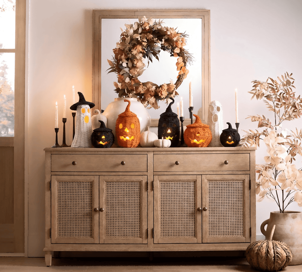 Guvpev 12" Handcrafted Woven Ghost - White Faux Rattan & Metal Ghost Figurine, Halloween Spooky Table Centerpiece & Fall Porch Decor for Indoor Outdoor