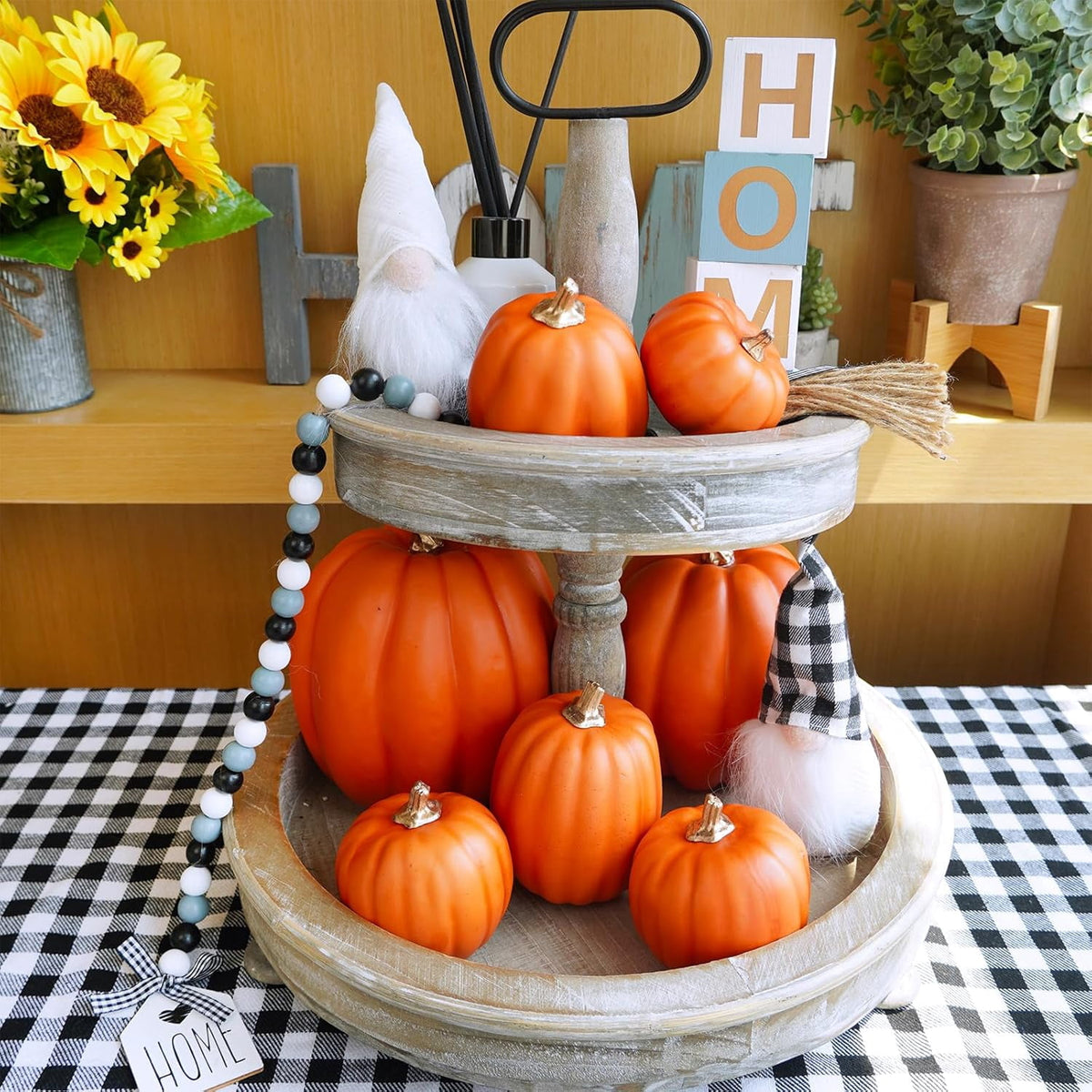 Foraging dimple 7 Pcs Assorted Harvest Orange Artificial Pumpkins Decorative Pumpkins Foam Pumpkins with Gold Stems for Fall Harvest Autumn Home Wedding Thanksgiving Halloween Party