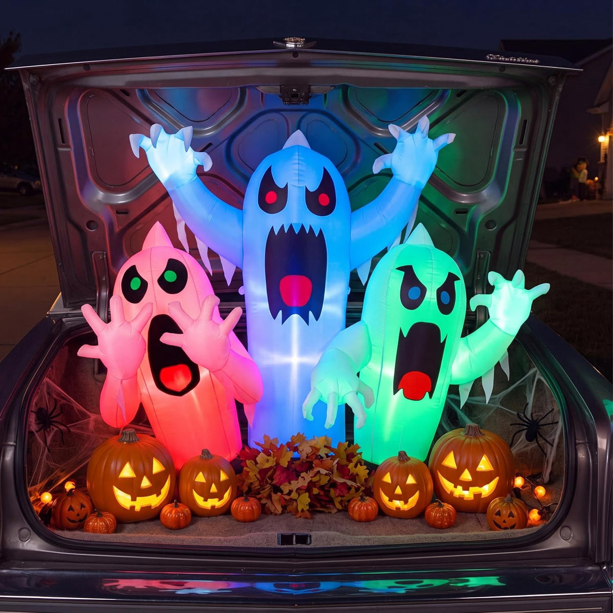 Joyfy 5 FT Halloween Inflatable Ghost Decoration with Colorful LEDs,Trunk or Treat Car Decorations Kit Ghost Trio with Built-in LED Light for Halloween Party Indoor,Outdoor,Yard,Garden Decor