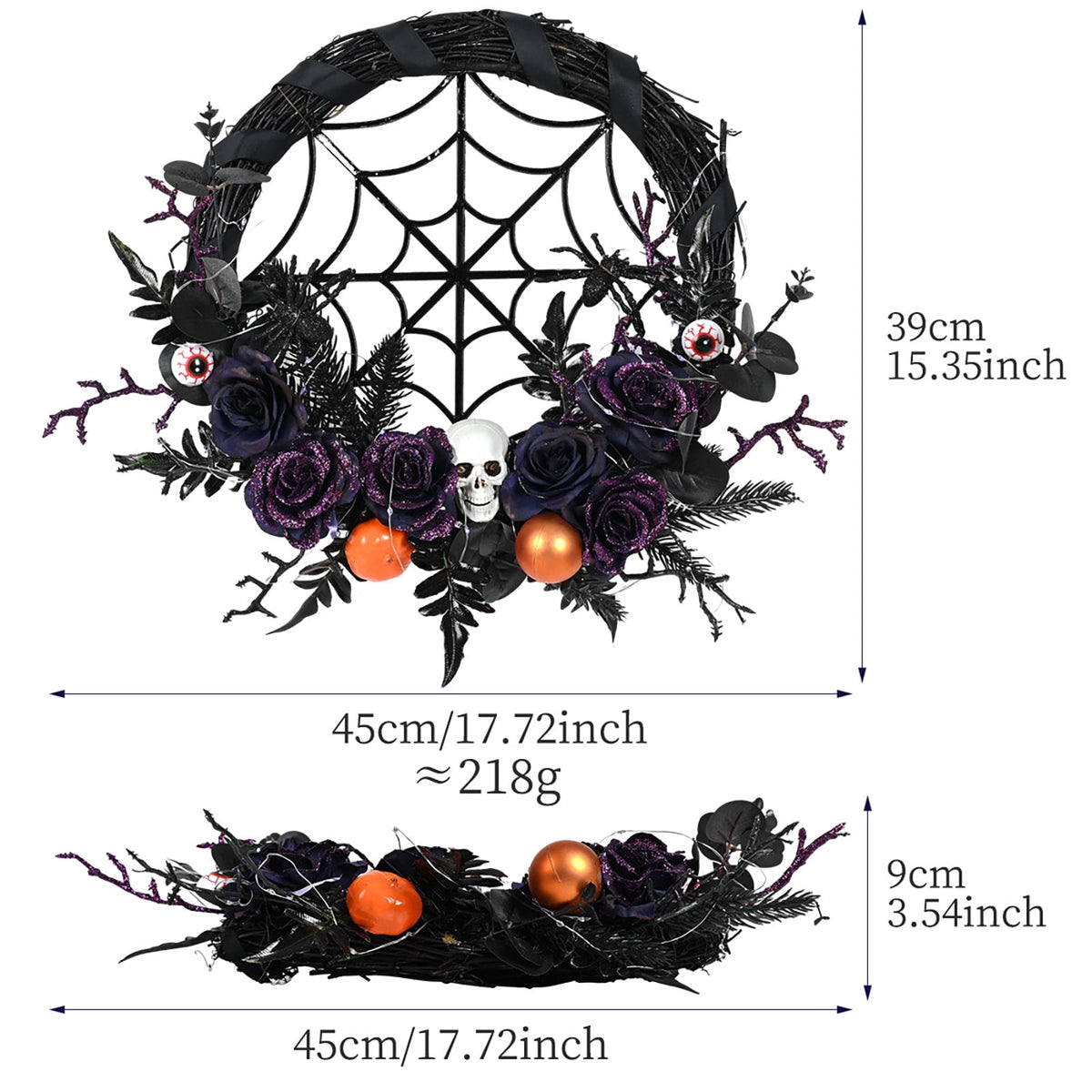 WWC Halloween Wreath, Orange LED Pumpkin and Bats Wreath, Gothic Halloween Decorations Wreath for Front Door, Indoor Outdoor Party Decor
