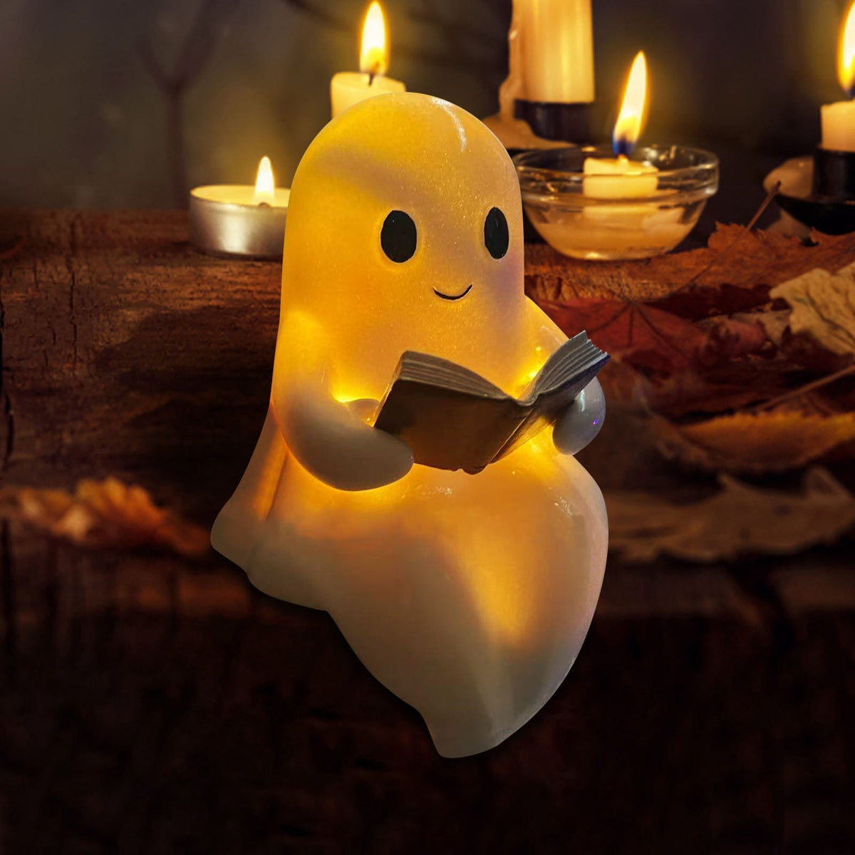 Halloween Ghost Figurine, Resin Lighted Ghost Ornament with Pumpkin Lantern & Beverage Cup, Tabletop Halloween Indoor Decor