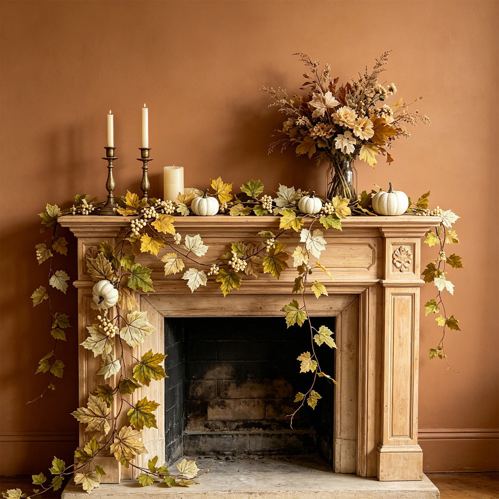 Fall Maple Leaf Front Door Wreath, Multicolor Plastic Seasonal Wreath for Halloween Thanksgiving Christmas Indoor Wall Fireplace Home Decor, 9.84 Inch