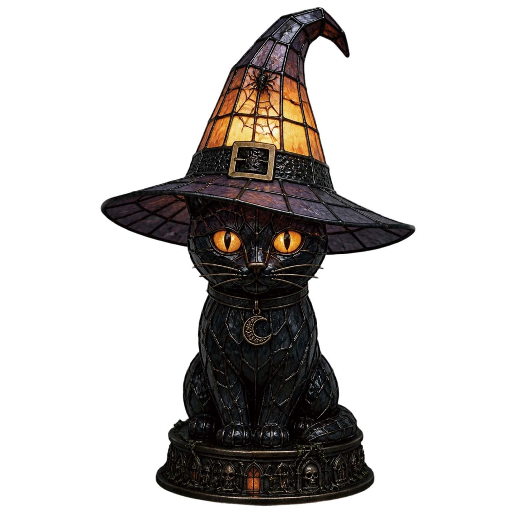 Black Cat Witch Hat Lamp Halloween Decor, Retro Resin Witch Hat Cat Lamp, Halloween pumpkin decoration Night Light, for Bedroom & Bookshelf family gatherings decoration gifts(Resin)
