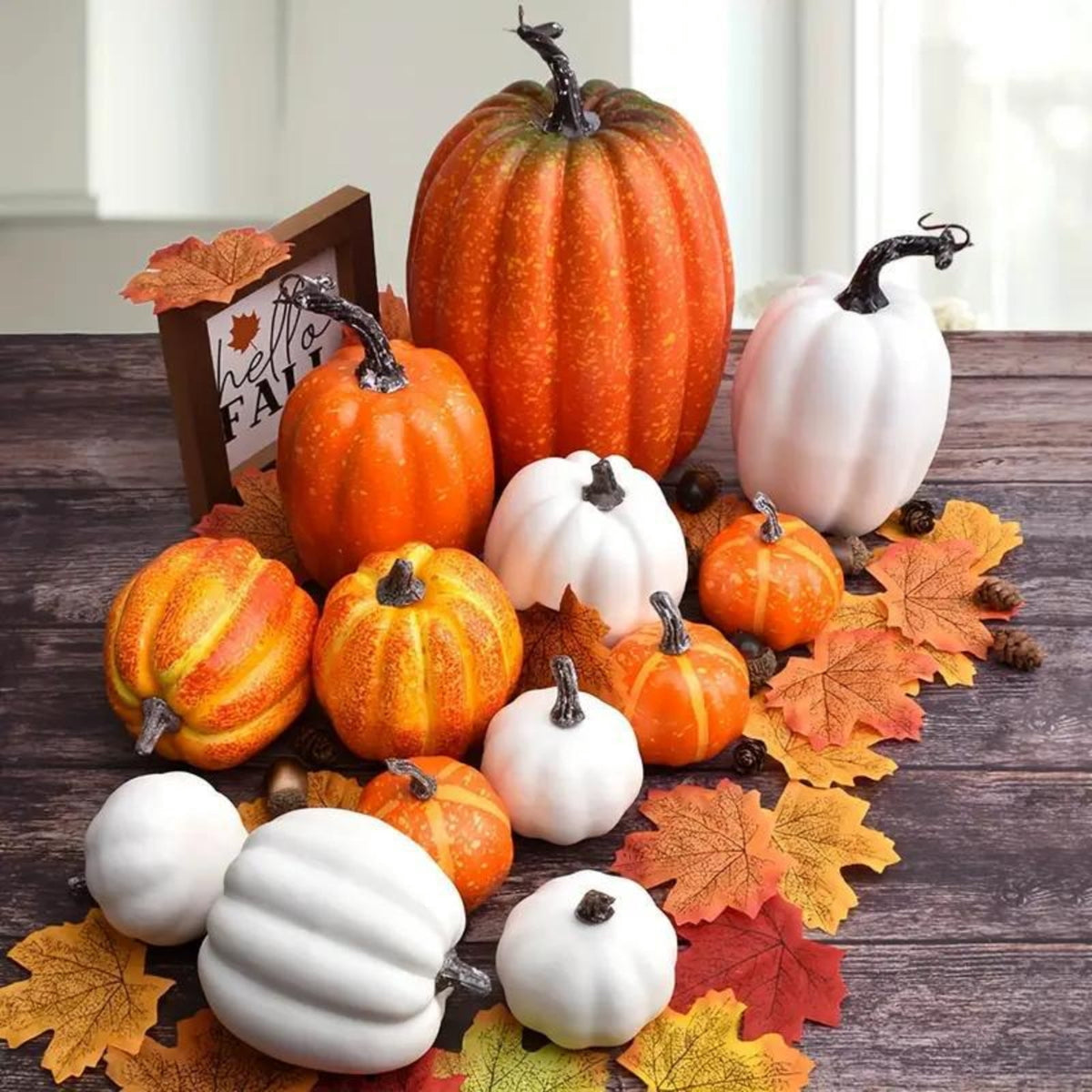 7Pcs Artificial Pumpkins Fall Decoration Assorted Faux Pumpkin Cute Foam Pumpkins for Home Outside Halloween Decorating (White)