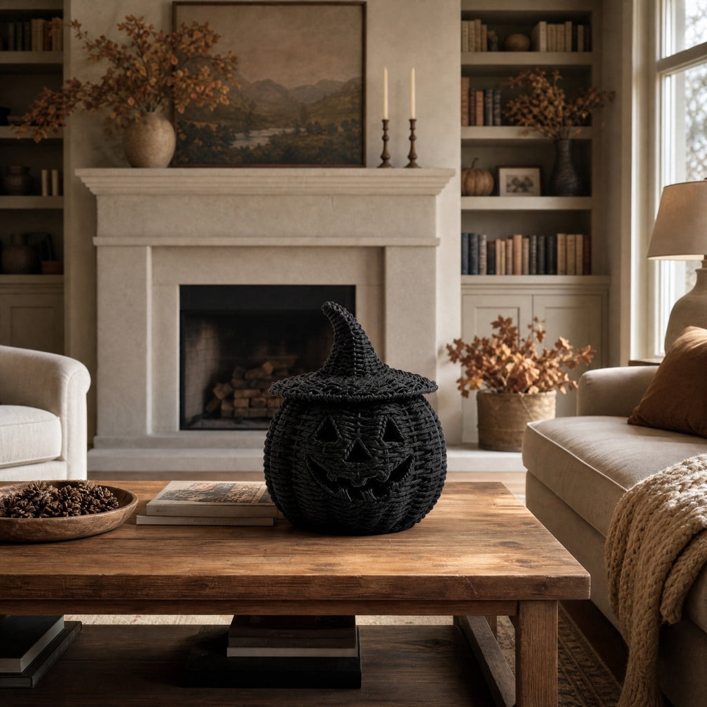 Sahpxhe Black Woven Pumpkin Basket with Lid Handmade Wicker Pumpkin Candy Baskets for Halloween Tabletop Mantel Candy Storage Decorations