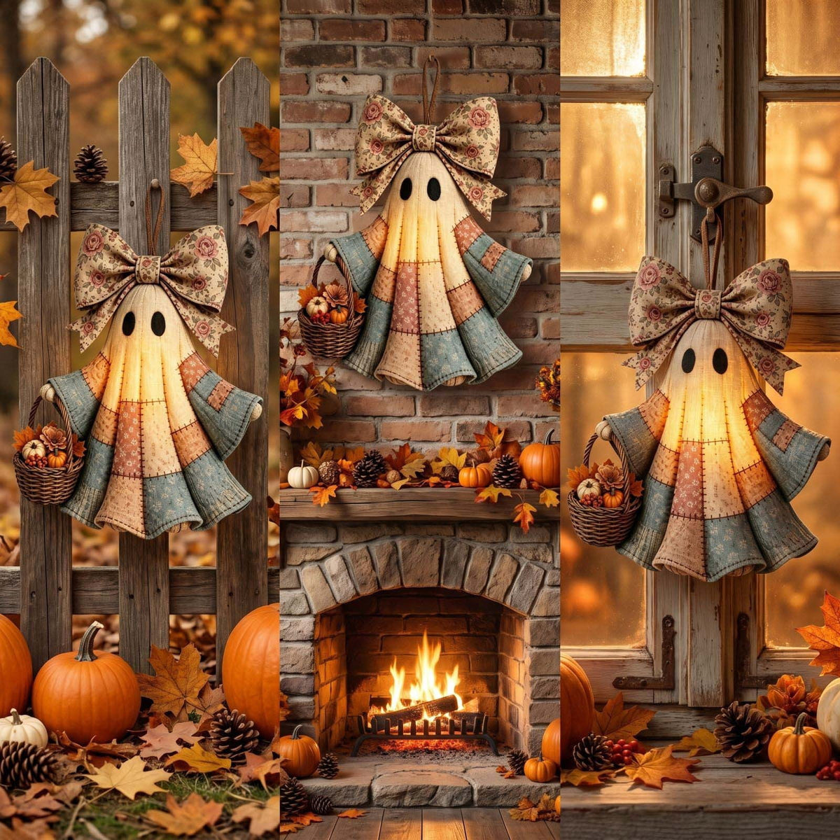 romoty Vintage Patchwork Fabric Ghost Wall Hanging Decor Autumn Floral Bow Door Hanger with Pumpkin Basket for Halloween Fall Cottage Home Accent