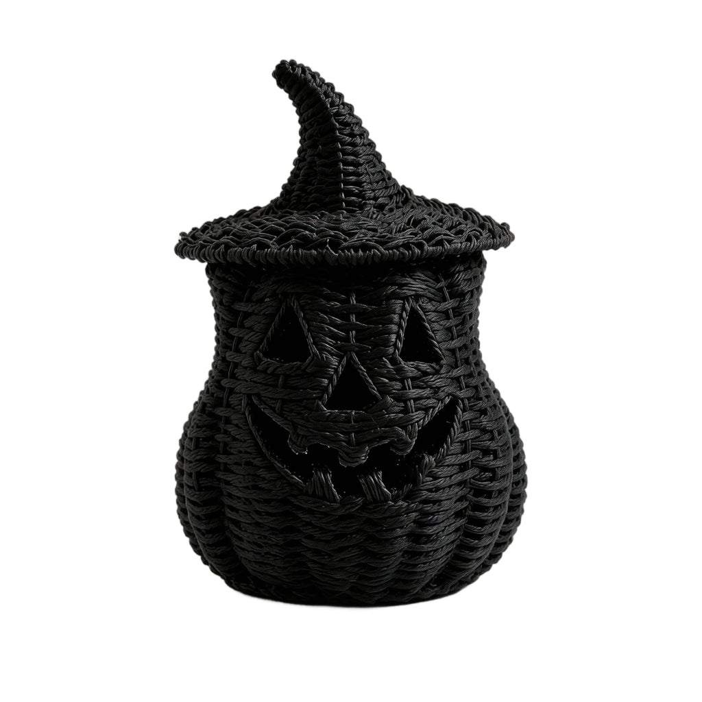 Aximioll Halloween Black Woven Jack-O-Lantern Pumpkin Decor, Hand Woven Rattan Wicker Style Statue, Trick or Treat Candy Bowl Lantern for Porch Entryway Fireplace Mantel Table, Black, 11 Inches