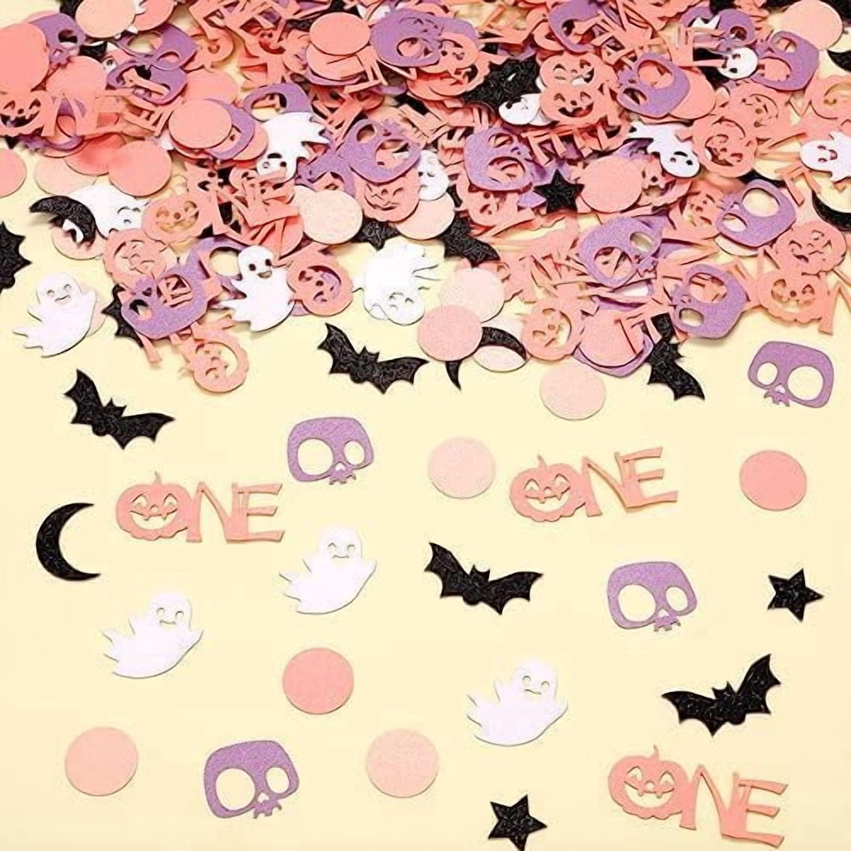200 Piece Halloween 1st Birthday Confetti Pink Purple Pastel Bat Ghost Pumpkin Decorations for Spooky One Party