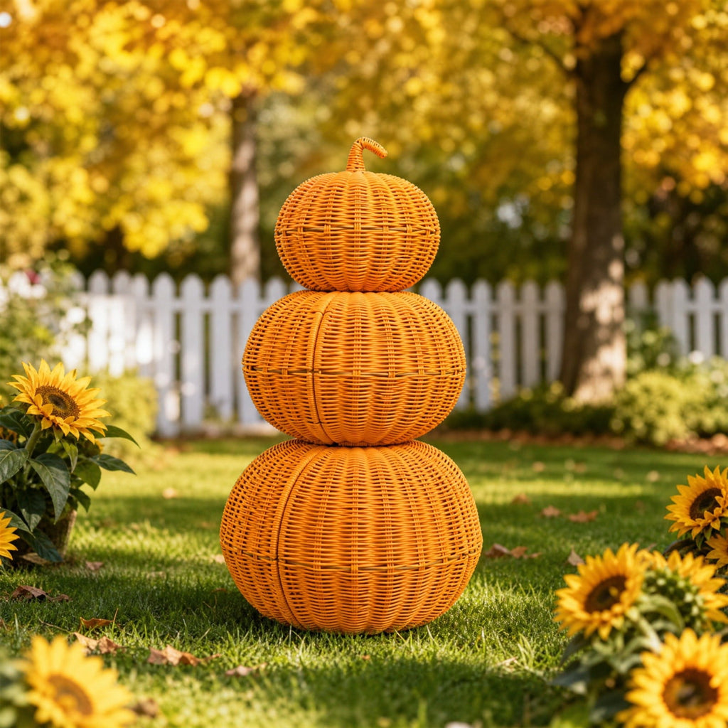 Handmade Rattan Pumpkin Decorations For Halloween Outdoor Fall Party Scene Set Of 3 In Natural Wood Tone