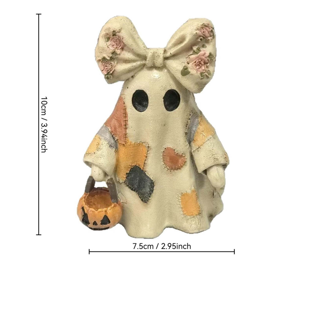 Vintage Patchwork Ghost Figurine, Cute Resin Halloween Ghost Statue with Floral Bow and Pumpkin Basket, Retro Fall Tabletop Mantel Shelf Entryway Porch Decor for Halloween Thanksgiving Home Party
