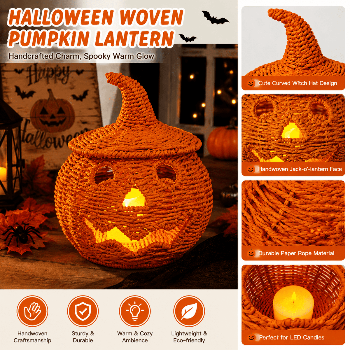 Handwoven Rattan Ghost Lantern with Witch Hat - 13.78 Inch White Wicker Ghost Decor, Light Up Halloween Decorations for Indoor Outdoor, Porch, Patio, Spooky Home Decor, Fall Harvest