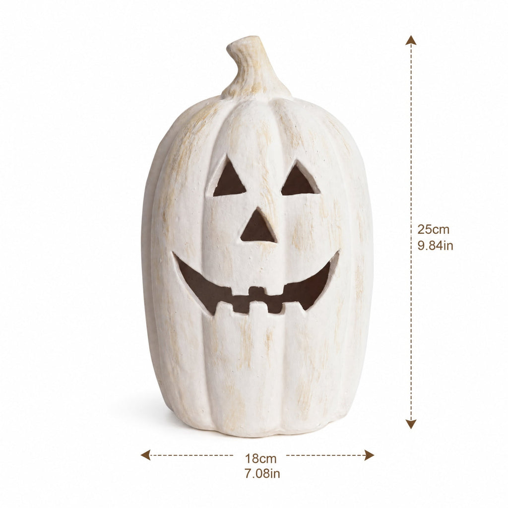 Halloween Pumpkin Lantern Decor, White Handmade Resin Jack O Lantern with Flameless Candle Glow, Vintage Fall Decoration for Front Door Porch Patio Table