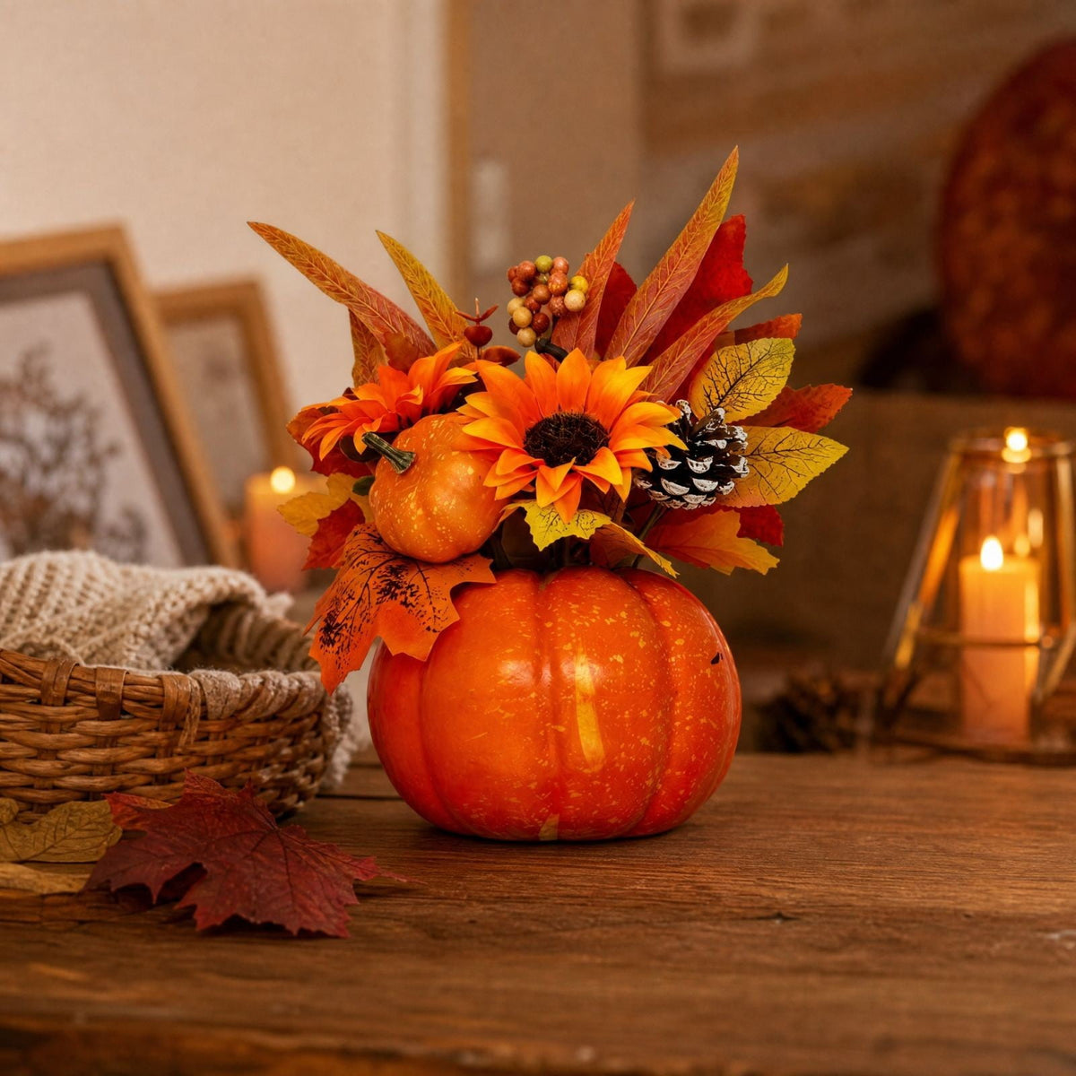 Pumpkin Decor with Artificial Flower Sunflowers Fall Decorations for Home Tabletop Kitchen Party Thanksgiving Harvest