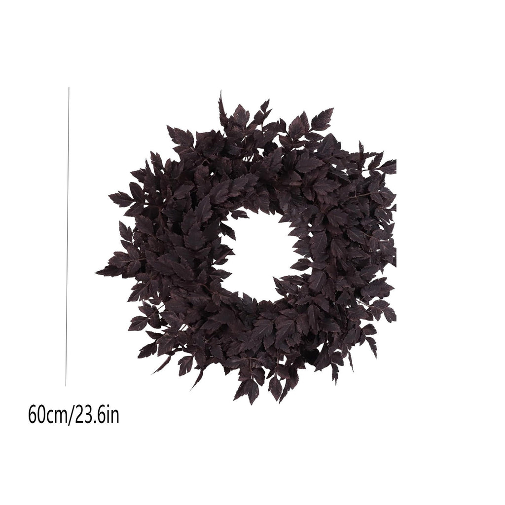 Halloween Artificial Dark Bugbane Leaves Wreath, 23.6 Inch Faux Burgundy Snakeroot Foliage Crown, Gothic Autumn Front Door Hanging Garland for Farmhouse Wall Decor