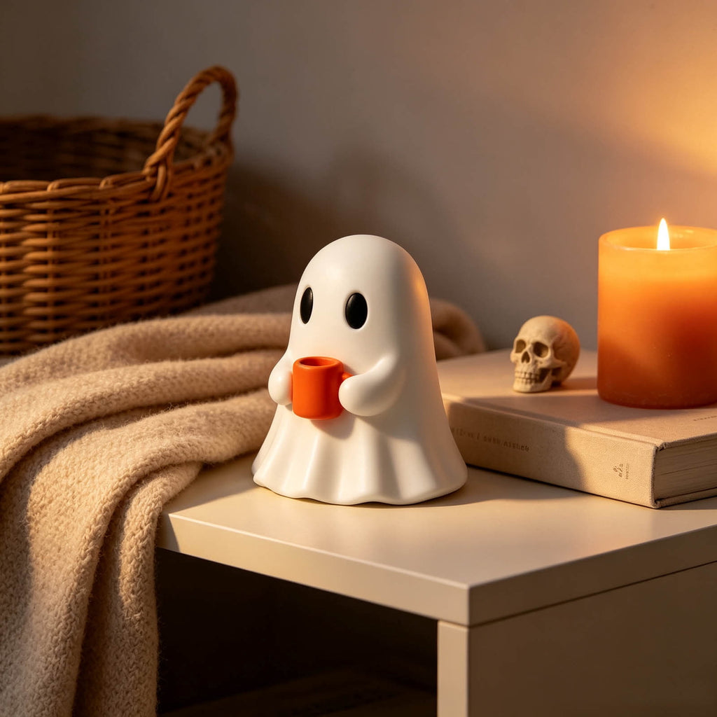 Halloween Ghost Figurine, Resin Lighted Ghost Ornament with Pumpkin Lantern & Beverage Cup, Tabletop Halloween Indoor Decor
