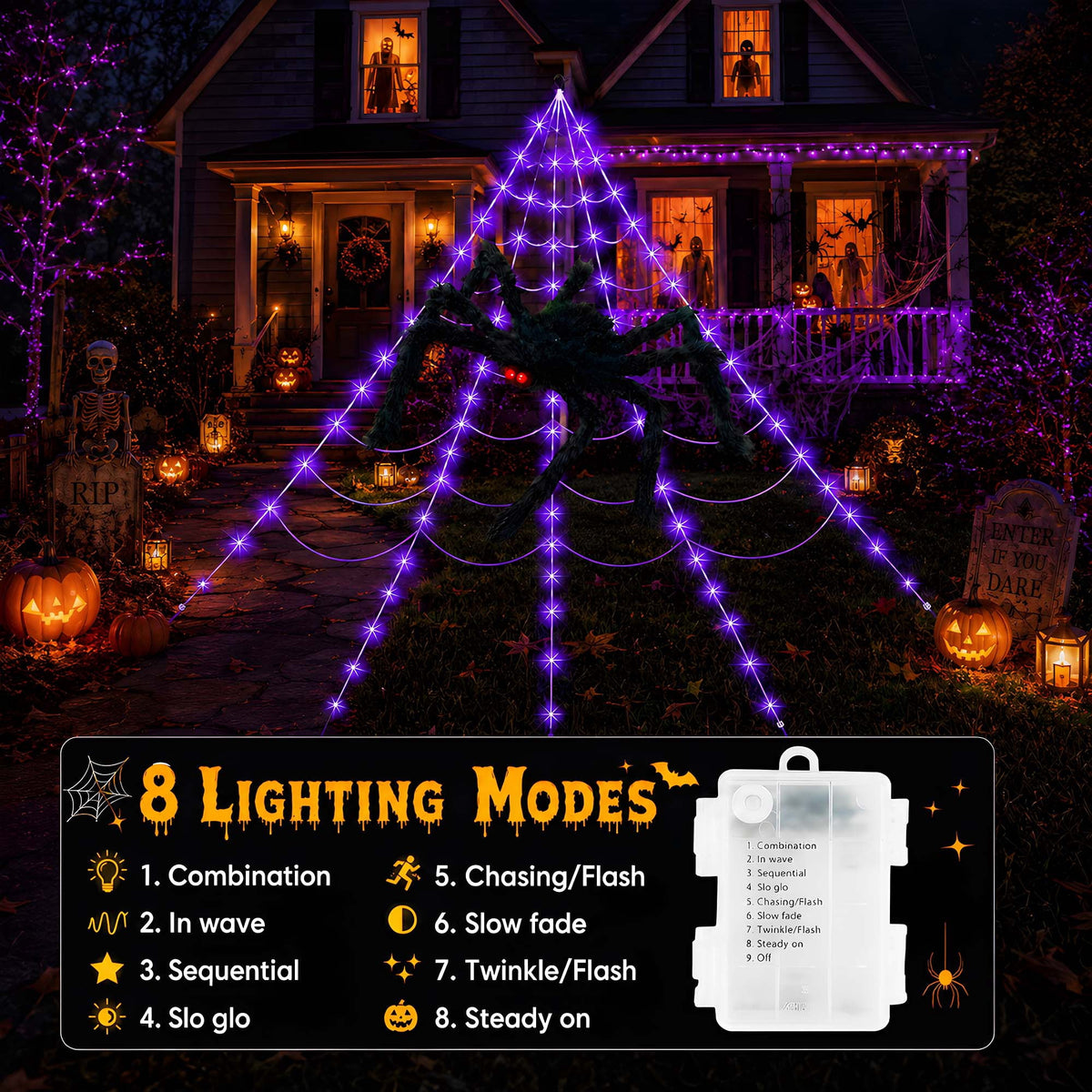 VOLIVO Halloween Spider Web Lights, 5 FT Giant Spider + 15.7 x 16.4 FT Light-up Triangular Web, 250 LED 8 Modes Waterproof Decor for Indoor Outdoor (Purple)