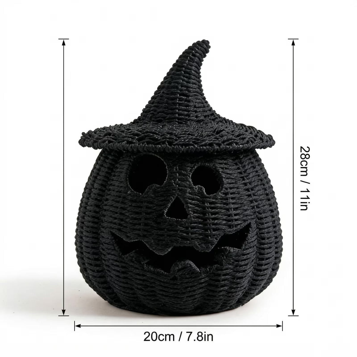Handwoven Rattan Pumpkin Lantern with Lid, 11" Halloween Light Up Woven Pumpkin Decor, Rustic Black Wicker Pumpkin Decoration for Indoor Home Mantle Tabletop Decor(B)